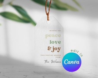 Boho Printable Christmas Label, Peace Love & Joy Gift Tag, Personalize Holiday Party Favor Tag, Editable Canva Instant Download