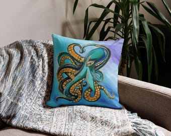 Turquoise and Gold Octopus Pillow Cover