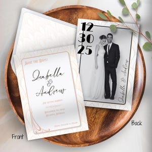 Zweiseitige Vintage Glam Save the Date Vorlage mit Foto, druckbar oder digital senden für Hochzeit, bearbeitbare Canva Vorlage