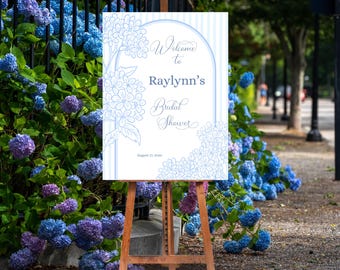 Light Blue Hydrangea Bridal Shower Welcome Sign Template, Editable in Canva, Printable- 18x24 Inches