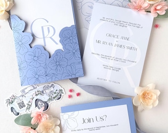 Floral Monogram Wedding Invitation Suite w/ Invite Jacket, Canva & SVG Cricut Templates, Die Cut Printable, Digital Download