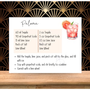 Paloma-receptenkaart voor vrijgezellenfeest, barwagenaccessoire en afdrukbare pdf en png