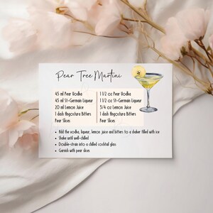 Ricetta del cocktail Pear Tree Martini per l'organizzazione di feste di addio al nubilato, accessorio per carrello bar e decorazioni per cocktail in formato PDF e PNG stampabili