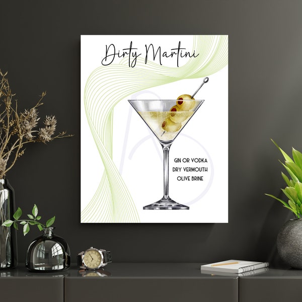Dirty Martini Cocktail Poster for office decor, home decor or bachelor party gift, printable art poster PDF and PNG format