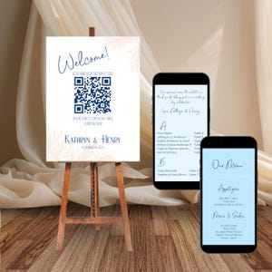 Hochzeits-Sitzplan-Schild mit QR-Code für Tischnummer-Website und Menü, Strandgras-Design, Canva-Vorlage, Sofort-Download