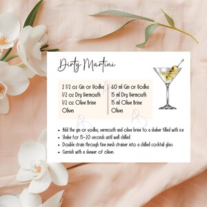 Ricetta del cocktail Dirty Martini per la decorazione del carrello bar, bomboniera per addio al celibato, regalo di inaugurazione della casa, cocktail bar fai da te, PDF e PNG stampabili