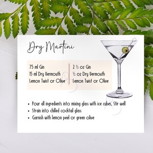 May include: A white card featuring a Dry Martini recipe, with measurements in millilitres and ounces. The recipe includes gin, dry vermouth, and a lemon twist or olive. A drawing of a martini glass with an olive is on the right.