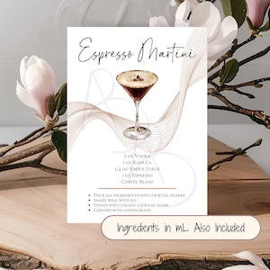 Stampa Espresso Martini, scheda ricetta per carrello bar, bomboniera addio al nubilato, regalo di inaugurazione della casa o decorazione per feste, PDF e PNG stampabili, 5x7 pollici