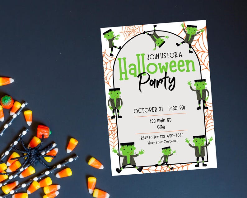 Kids Halloween Party Invitation W/ Digital Invite With Frankenstein