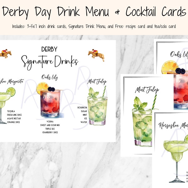 Mint Julep and Oaks Lily and Horseshoe Margarita Derby Day Signature Drink Menu with Cocktail Art Cards and Drink Recipes, printable PDF