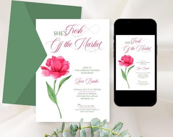 She's Fresh Off the Market Bridal Shower Invitation Template w/ Bright Pink Peony, Edit in Canva, Includes Recipe Card, Printable or Digital