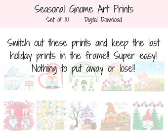 Gnome printable art for each season for college apartment decor or seasonal farmhouse bookshelf decor