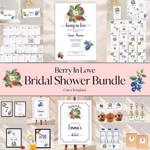 Ensemble de douche nuptiale Berry in Love avec fraises et myrtilles, jeux, plaque de bienvenue, à personnaliser dans un modèle Canva, imprimable