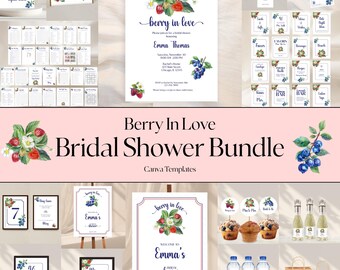 Berry in Love Bridal Shower Bundle w/Strawberry & Blueberry Invitation, Games, Welcome Sign, Personalize in Canva Template, Printable