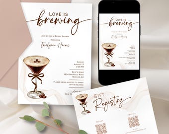Love Is Brewing Bridal Shower Invitation w/ Espresso Martini, Editable Canva Template, Printable w/ Registry & Recipe Card
