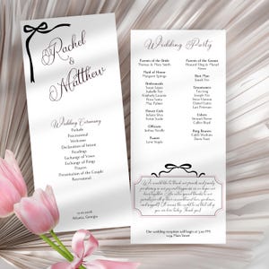 Programa de casamento com laço preto coquete para cerimônia, ordem de eventos e festa de casamento, 4 x 9 polegadas, frente e verso, para download, modelo Canva