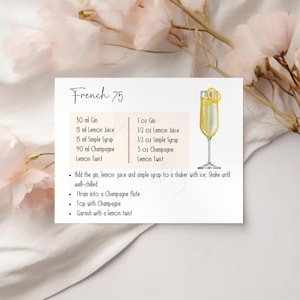 Franse 75 cocktailreceptkaart voor gunst vrijgezellenfeest, cocktailparty, housewarmingcadeau of decoratie thuisbar, afdrukbare pdf en png