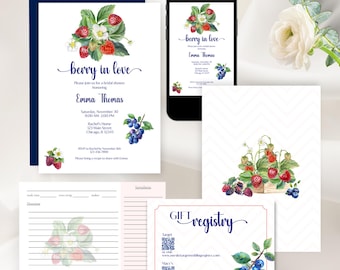 Berry in Love Bridal Shower Invitation Template w/Strawberry, Blueberry, Raspberry, Personalize in Canva, Printable