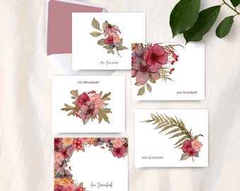 Personalized Notecards with Earthy Fall Flowers Includes Lined Envelopes & Burgundy Flower Stickers, Blank on Inside Stationery Set of 10