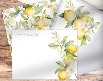 Personalized Flat Note Card Set of 8 Notecards & Envelopes w/ Envelope Liners and Stickers, Watercolor Floral Lemon Custom Stationery Gift