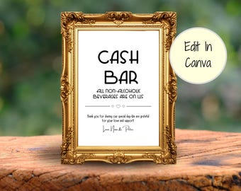 Cash Bar Sign Template for Wedding Reception or other Celebration in Vintage Font, Printable, Edit in Canva Template, 8.5x11 or 8x10 Inches