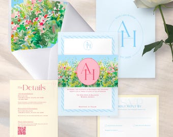 Pastel Wedding Invitation Template; Suite Includes Save the Date, Rehearsal Dinner, RSVP Card w/ QR Code, Envelope Liner, Edit in Canva