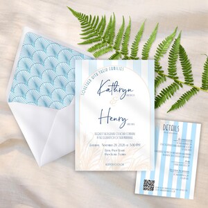 Conjunto de convites para casamento na praia com forro de envelope, salve a data, cartão RSVP, cartão de detalhes, cartão de itinerário, faixa de barriga, edição no modelo Canva