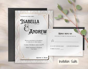 Champagne & Black Art Deco Wedding Invitation Suite w/ Envelope Liner, Monogram Belly Band, RSVP Card, Details Card, Editable Canva Template