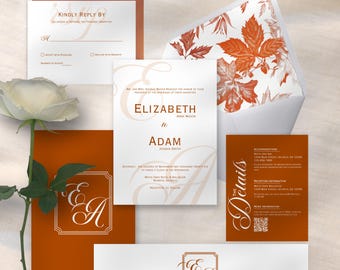 Elegant Fall Wedding Invitation Suite Template -Terracotta Burnt Orange w/ Leaves Envelope Liner and Monogram, Printable, Editable in Canva