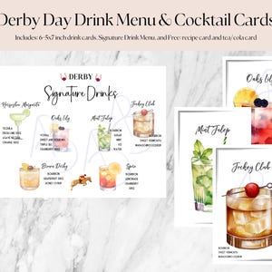 Kentucky Derby signature drink menu and cocktail picture cards, printable