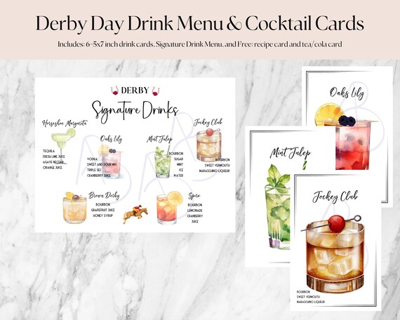 Derby Day Signature Drink Menu with Cocktail Art Cards and Drink Recipes, Printable PDF & PNG