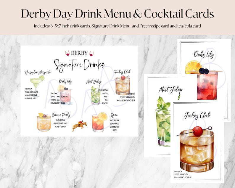 Kentucky Derby signature drink menu and cocktail picture cards, printable