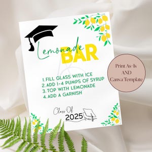 Insegna del bar della limonata per la festa di laurea con cappello da laureato e classe del 2025, modello Canva modificabile o download immediato stampabile così com'è, 8x10"