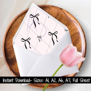Zwarte strik coquette envelop voering voor huwelijksuitnodigingen en wenskaarten, maten A7, A6, A2, A1 en vierkant, afdrukbare digitale download
