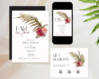 Fall in Love Bridal Shower Invitation Template w/ Watercolor Ferns & Florals, Recipe Card, Personalize in Canva, Printable or Digital Invite