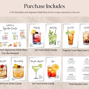 A set of printable cocktail cards and signature drink menu sign featuring watercolor illustrations of drinks like the Mint Julep, Horseshoe Margarita, and Brown Derby. The cards are designed for a Derby Day party and include the drink name and ingredients.