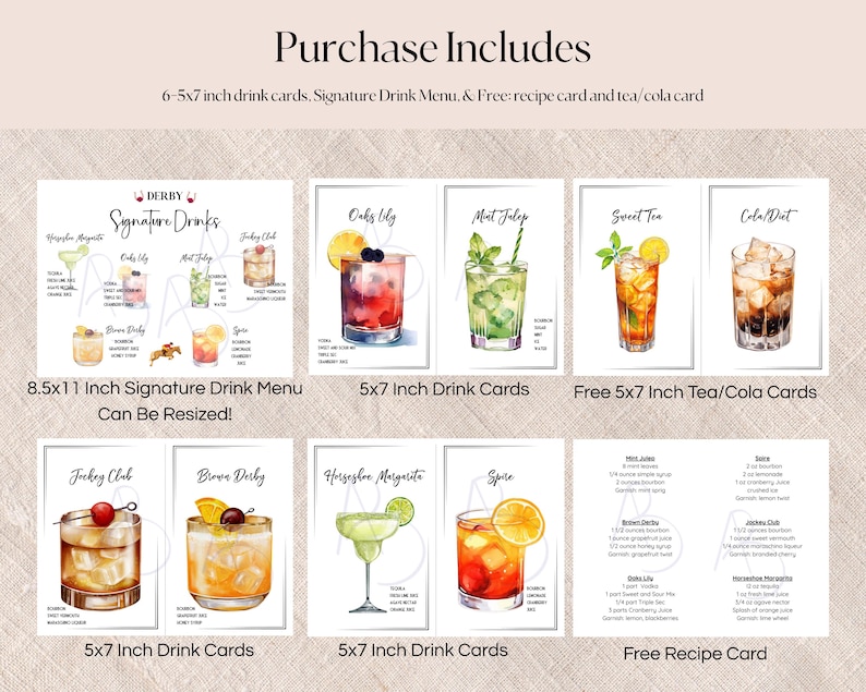 A set of printable cocktail cards and signature drink menu sign featuring watercolor illustrations of drinks like the Mint Julep, Horseshoe Margarita, and Brown Derby. The cards are designed for a Derby Day party and include the drink name and ingredients.