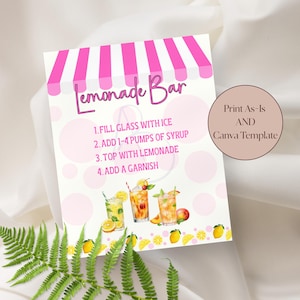Placa de bar de limonada rosa para formatura, festa de aniversário, chá de bebê ou chá de panela, modelo editável do Canva e disponível para impressão imediata, download instantâneo
