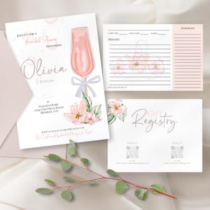 Plantilla de invitación para despedida de soltera con Aperol Spritz y flores de acuarela, editable en Canva, incluye registro y tarjeta de recetas, imprimible.