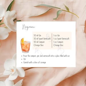 May include: A recipe card for a Negroni cocktail with instructions on how to make it. The card features a watercolour illustration of a Negroni in a glass with an orange slice garnish. The ingredients are listed in both millilitres and ounces.