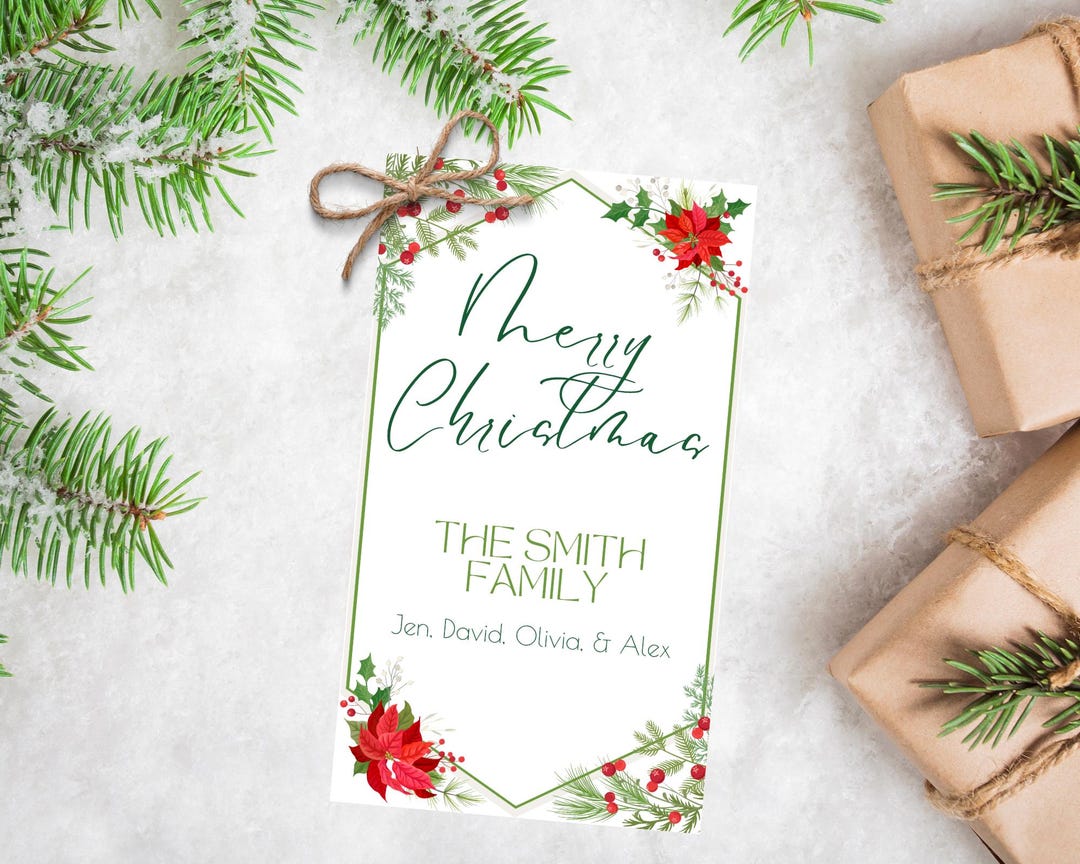 Printable Christmas Gift Tags Canva Template With Poinsettia, Editable ...