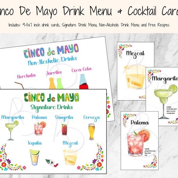 Cinco De Mayo Signature Drink Menu with Cocktail Art Cards and Drink Recipes, Party Decor printable PDF & PNG