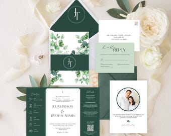Watercolor Eucalyptus Gatefold Wedding Invitation Template, Canva Editable, Printable Trifold Invite w/ Photo and Monogram
