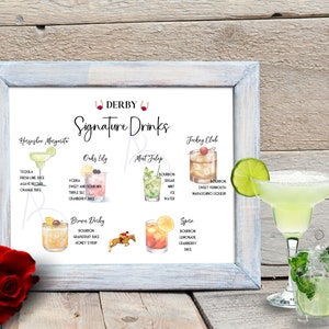 Puede incluir: Un cartel imprimible con una ilustraci&oacute;n de acuarela de c&oacute;cteles y sus ingredientes. El cartel se titula "Derby Signature Drinks" y presenta bebidas como la Horseshoe Margarita, Oaks Lily, Mint Julep, Jockey Club, Brown Derby y Spice.