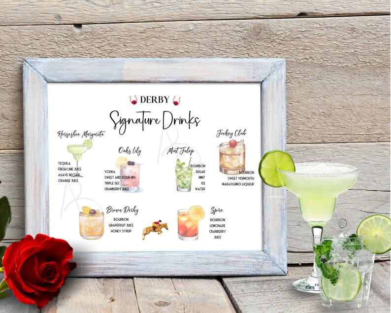 Puede incluir: Un cartel imprimible con una ilustraci&oacute;n de acuarela de c&oacute;cteles y sus ingredientes. El cartel se titula "Derby Signature Drinks" y presenta bebidas como la Horseshoe Margarita, Oaks Lily, Mint Julep, Jockey Club, Brown Derby y Spice.