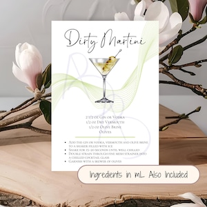 Stampa Dirty Martini, scheda ricetta per carrello bar, regalo di inaugurazione della casa o decorazione per festa di addio al celibato/compleanno, PDF e PNG stampabili, 5x7 pollici