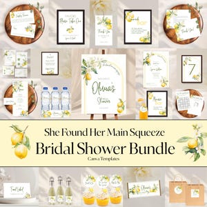 Peut inclure: Un ensemble de décoration pour une fête prénuptiale sur le thème du citron. L'image présente divers articles de papeterie tels que des panneaux, des menus et des étiquettes, tous décorés d'illustrations de citrons. Le texte "She Found Her Main Squeeze Bridal Shower Bundle" est affiché.