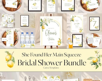 Bridal Shower Bundle She Found Her Main Squeeze Vintage Floral Lemon Invitation, Games, Signs, Personalize in Canva Templates, Printable