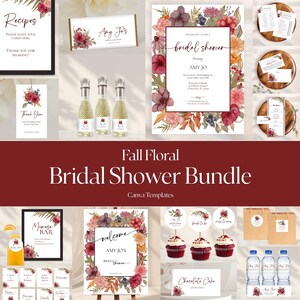 Peut inclure: Une collection de modèles de papeterie pour fête prénuptiale avec des motifs floraux d'automne aux fleurs rouges, orange et violettes. L'ensemble comprend des invitations, des panneaux d'accueil, des fiches recettes, des cartes de remerciement et des étiquettes.