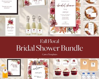 Floral Fall Bridal Shower Bundle w/ Invitation, Games, Welcome Sign, Cupcake Toppers, Water Bottle Labels, etc., Canva Templates, Printable